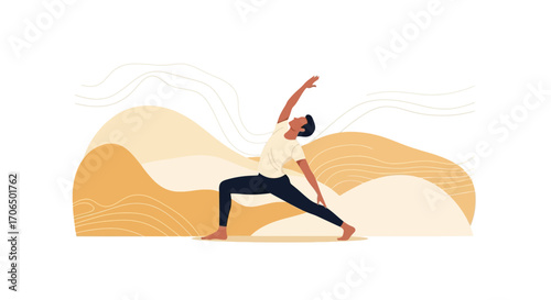 Yoga Pose Illustration: A Man Performing the Warrior II Asana in a Simplified and Calm Setting