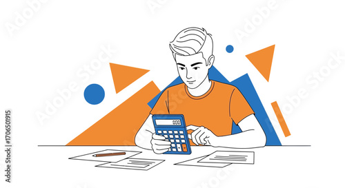 Young Analyst Calculating Finances with Calculator Amidst Abstract Graphic Elements