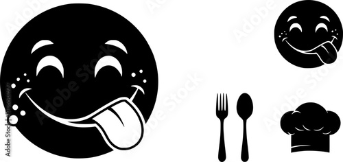 Yummy face smiley icon delicious with tongue lick mouth, tasty food eating emoticon face on yellow background, tasty emoji with saliva drops, smile vector cartoon line style