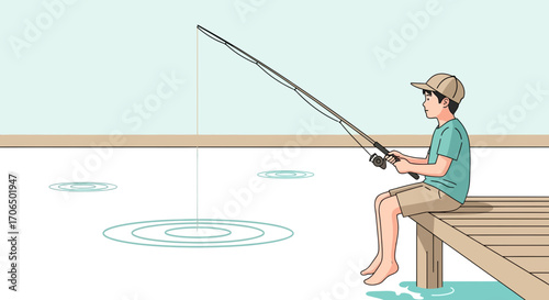 Young Angler Patiently Waiting For A Fish Bite, Enjoying Peace And Tranquility By The Lake