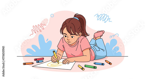 Young Artist Concentrated On Creation With Crayons And Colorful Illustrations