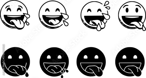 Yummy face smiley icon delicious with tongue lick mouth, tasty food eating emoticon face on yellow background, tasty emoji with saliva drops, smile vector cartoon line style