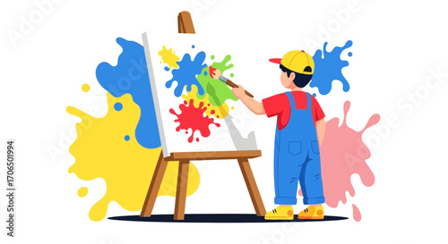 Young Artist Creates Colorful Masterpiece on Canvas, Demonstrating Creativity and Imagination