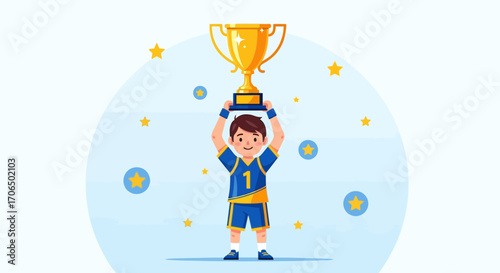Young Athlete Celebrates Victory, Triumphantly Holding Up Championship Trophy with Pride