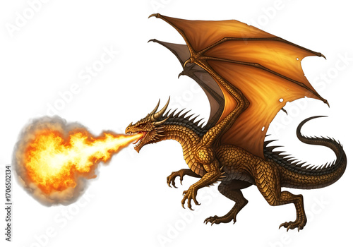 Golden scaled dragon breathing a fiery blast of orange and yellow flames isolated on a transparent background
