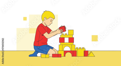 Young Boy Building Tower of Blocks, Playful Illustration or Educational Concept