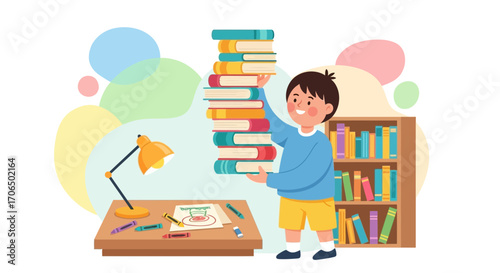 Young Boy Carries Stack Of Books, Study Time, Reading, Learning, Education, Children