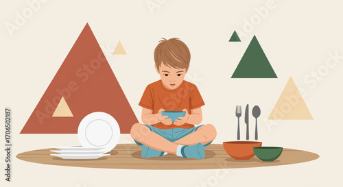 Young Boy Consumed While Eating, Ignoring His Basic Needs To Give Attention To His Device