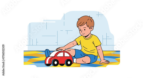 Young Boy Engaged In Playtime With Toy Car Depicting Childhood Fun And Imagination