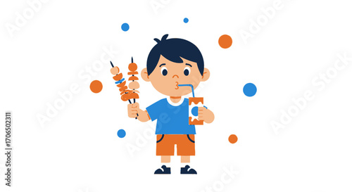 Young Boy Enjoying Skewered Food And Refreshing Drink, Joyful Expression