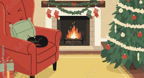 Black Cat Sleeping Peacefully on a Cozy Red Armchair.