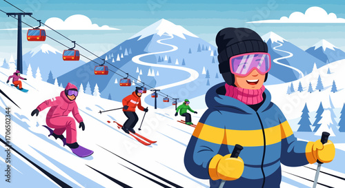 Happy skier in winter clothes and goggles on a snowy mountain slope.