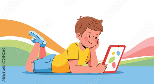 Young Boy Enjoying Tablet: A Modern Depiction of Leisure and Technology Consumption