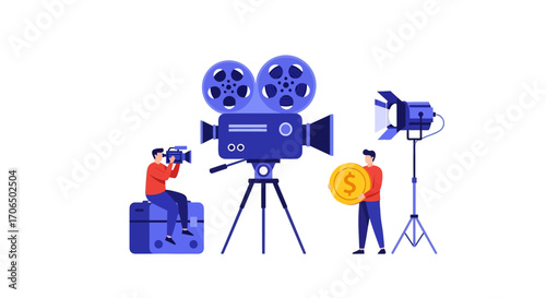Film production crew with vintage camera and lighting equipment.