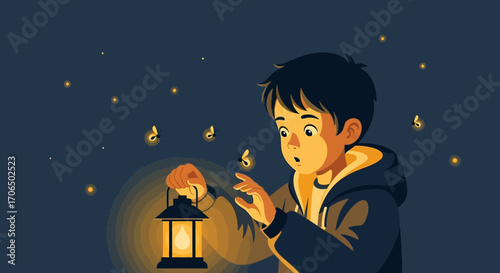 Young Boy Gazing At Fireflies With Lantern Displaying Awe And Wonder In Night