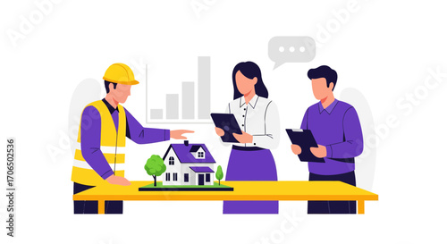 Architects and clients discussing a house model.