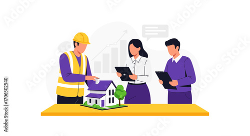 Architects and clients discussing house model for real estate project.