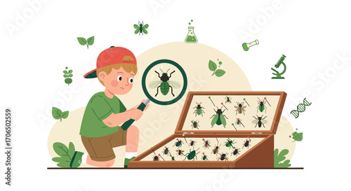 Young Boy Exploring Nature and Critters Through Scientific Observation and Study