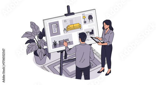 Two people collaborating on a mood board for interior design project.