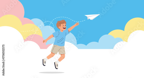 Young Boy Joyfully Launching Paper Airplane Amidst Colorful Cloudscape, Soaring Higher