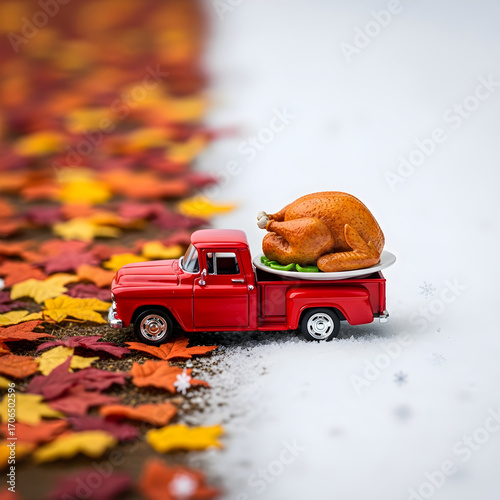 Miniature red pickup truck carrying roasted turkey on plate, creative Thanksgiving concept showing fall to winter transition with leaves and snow