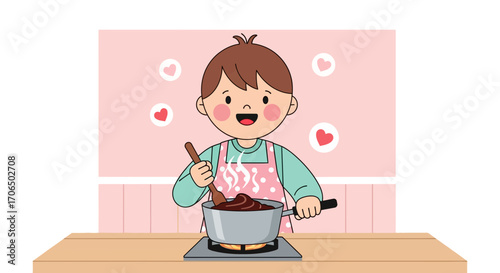 Young Chef Joyfully Preparing Sweet Chocolate Sauce In The Kitchen For Dessert