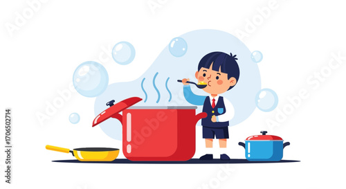 Young Chef Sampling Culinary Creation While Bubbles Swirl Around The Kitchen Instruments