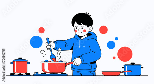 Young Chef Cooking Delicious Meal in The Kitchen with Colorful Design and Elements