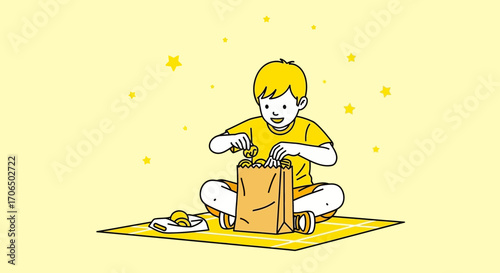 Young Boy Unpacks Snack, Preparing For A Nice Break Together In A Relaxing Scene