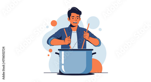 Young Chef Enthusiastically Stirring Ingredients With Wooden Spoons In a Deep Blue Pot