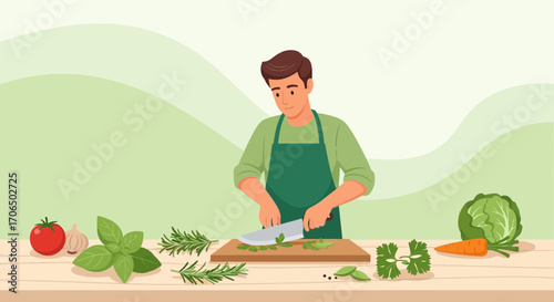 Young Chef Preparing Organic Herbs and Vegetables in a Fresh Kitchen Scene
