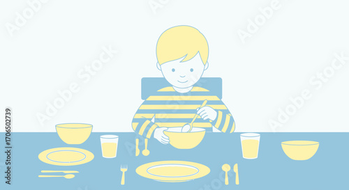 Young Child Eating Breakfast, Enjoying The Meal In Animated and Clean Style