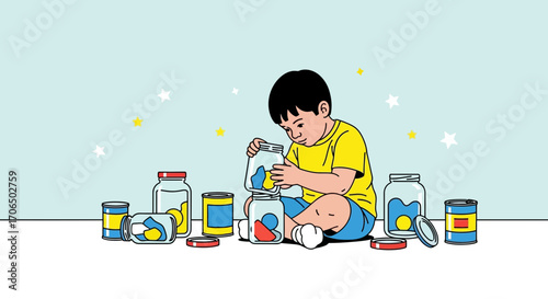 Young Child Engaged In Play Exploring Shapes And Composition With Jars And Imagination