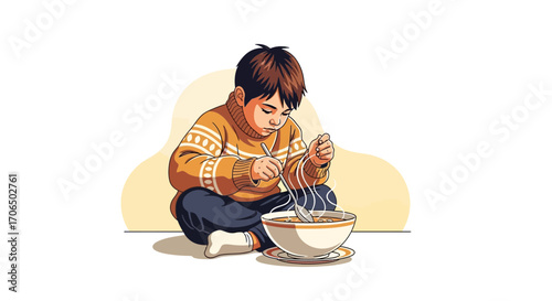 Young Child Eats Soup While Sitting Down, Illustration on Clean Background