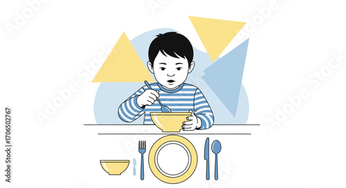 Young Child Eating From a Bowl: Simple And Stylish Illustration With Geometric Background