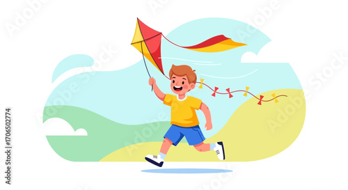 Young Child Joyfully Races With Kite, Enjoying Day Outdoors With Vibrant Sky and Landscape