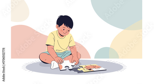 Young Child Engrossed In Assembling Puzzle During Playtime Activity at Home