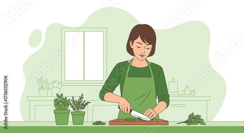 Woman Preparing Fresh Herbs in Kitchen, Healthy Eating and Culinary Concept