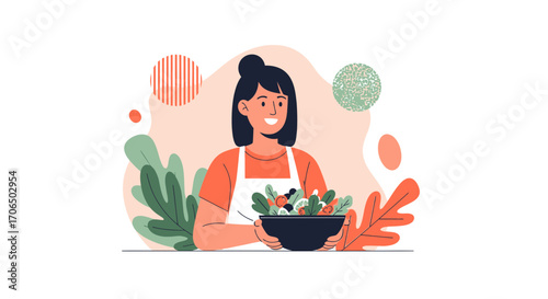 Woman Preparing Fresh Salad, Illustration of Healthy Eating And Lifestyle Concept