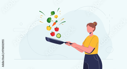 Woman Preparing Fresh Vegetables In A Pan, Culinary Illustration, Healthy Eating Concept