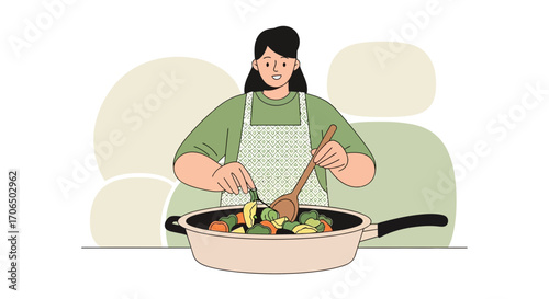 Woman Preparing Fresh Vegetables In A Skillet, Cooking Healthy Meal At Home
