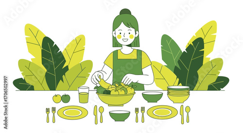 Woman Preparing Healthy Meal Surrounded With Fresh Fruits And Greenery Illustration