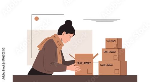 Woman Preparing Takeaway Order With Several Boxes Ready For Restaurant Collection