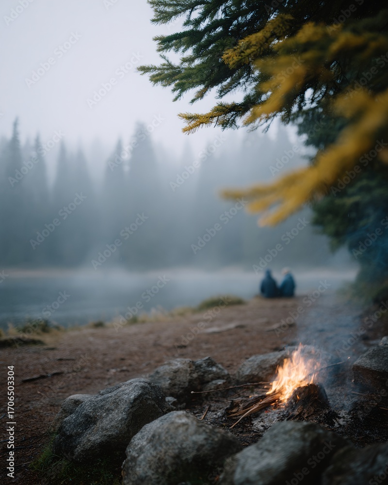 Fototapeta premium Couple sits by a fire on a beach