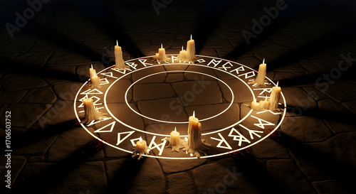 Occult ritual magic circle with glowing runic symbols and melting candles on stone floor, dark moody fantasy scene, background Halloween concept