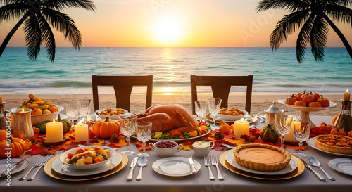 Thanksgiving beach dinner at tropical sunset with roasted turkey, pumpkins, candles and pies on table by the ocean, vacation concept