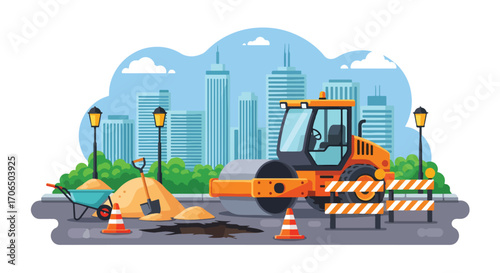 Vector illustration of road repair with asphalt roller, barriers, sand, and tools in urban area, symbolizing construction, infrastructure development, maintenance, and city improvement