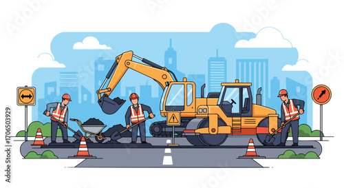 Vector illustration of road construction with workers, excavator, roller, and safety cones in urban setting, symbolizing infrastructure, development, teamwork, and city maintenance