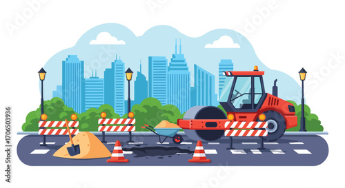 Vector illustration of road repair with asphalt roller, barriers, sand, and tools in urban area, symbolizing construction, infrastructure development, maintenance, and city improvement