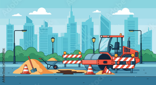 Vector illustration of road repair with asphalt roller, barriers, sand, and tools in urban area, symbolizing construction, infrastructure development, maintenance, and city improvement
